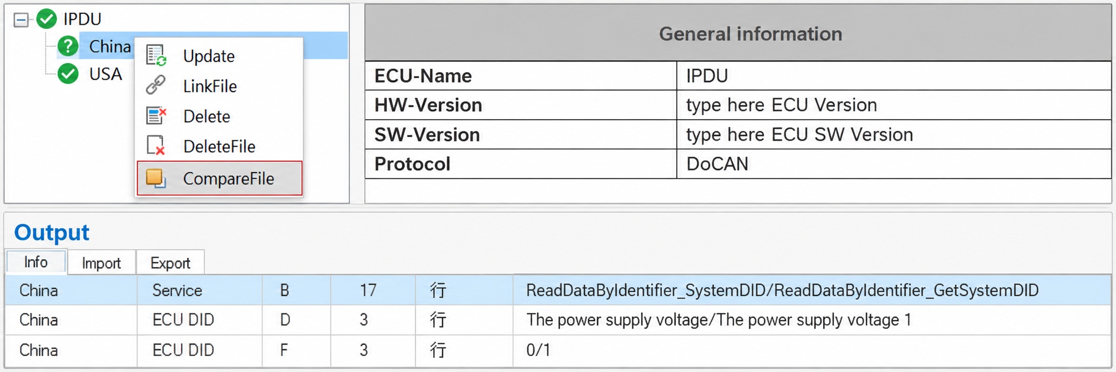 VisualODXのCompareFileメニューとOutputの比較結果。Excel診断仕様書間の変更箇所と差分を表示。